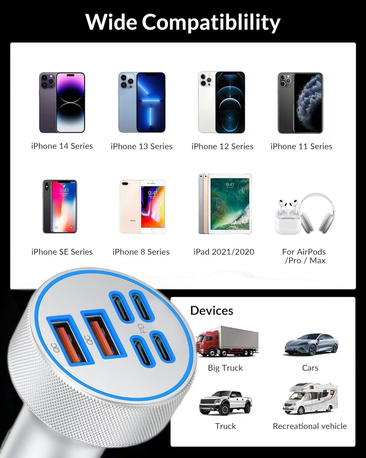 Cross-border one-to-four aluminum alloy super fast charging dual PD30W dual QC cigarette lighter car mobile phone charger factory