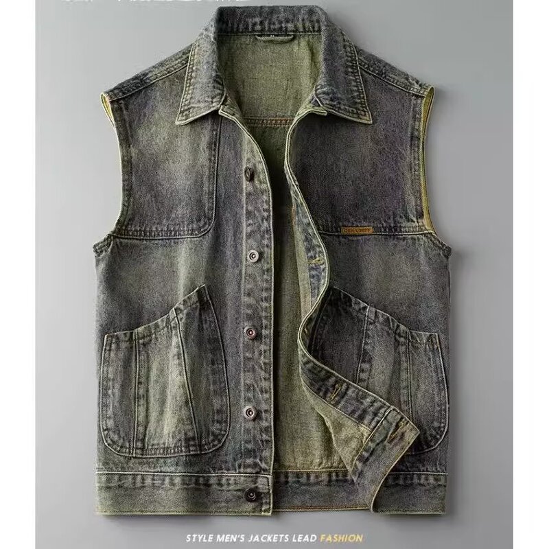 Spring European Style Motorcycle Denim Vest Men's Sleeveless Denim Jacket Fashion Trendy Men's Slim Fit Outerwear