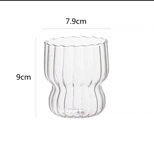 Vertical pattern glass cup, bud cup milk latte cold brew coffee cup, oat breakfast cup, Instagram style transparent cold drink cup