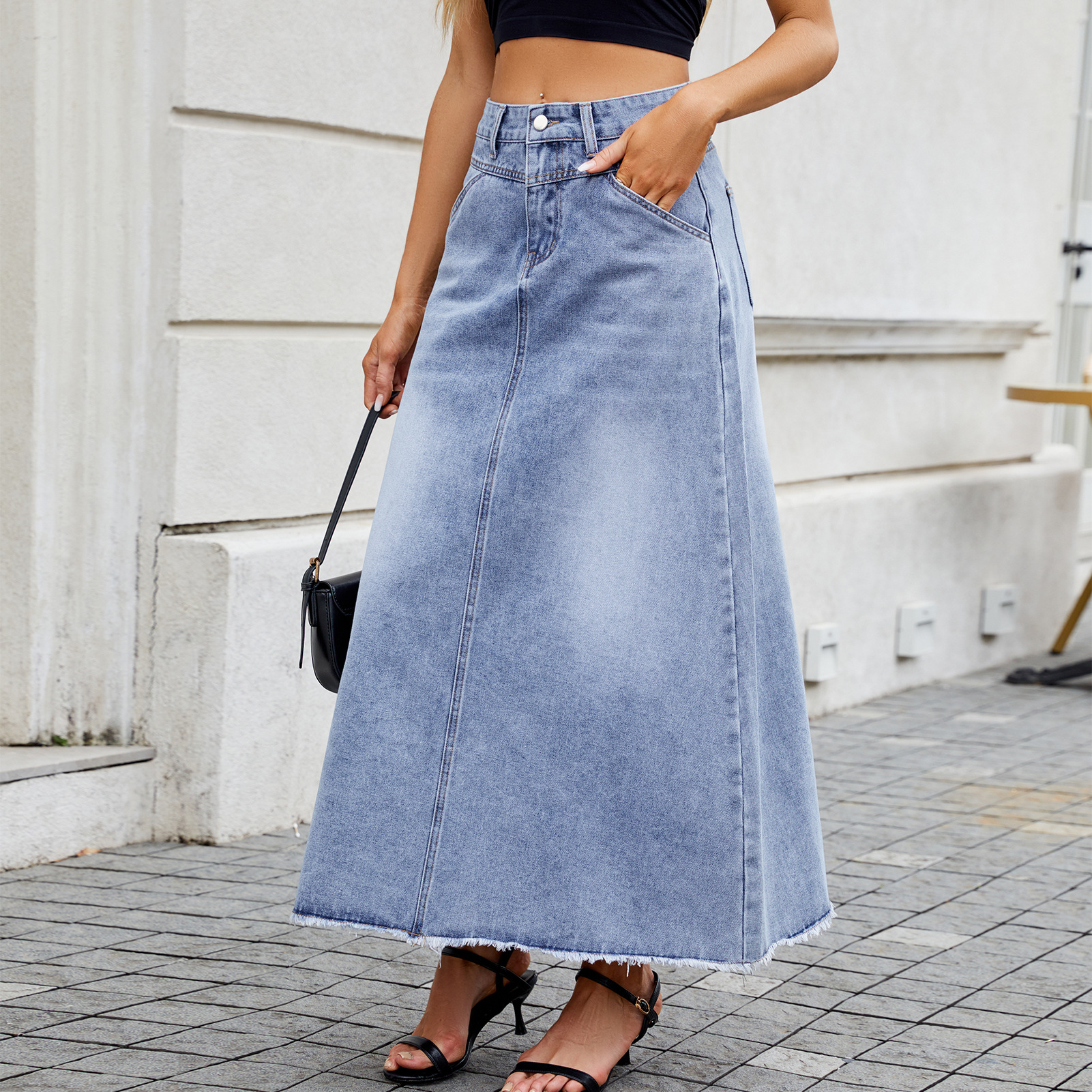 Women's Clothing Cross Border Foreign Trade New High Waist Denim Skirt Fashionable Loose Pocket Half Length Skirt For Women_mkmklike.com