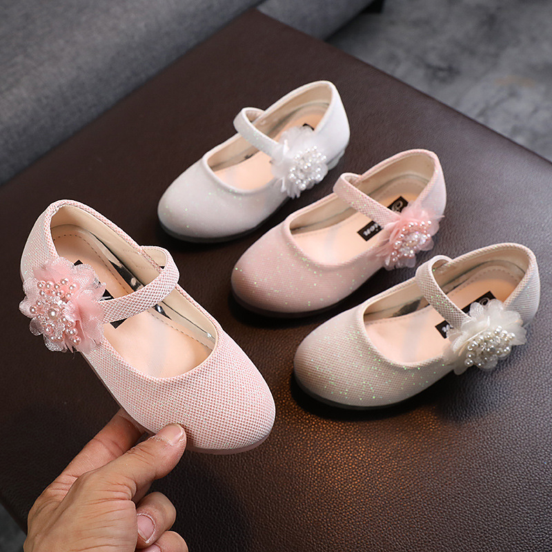 Korean fashion Pearl big flower girls small leather shoes children princess shoes small high heel dance shoes a generation of hair