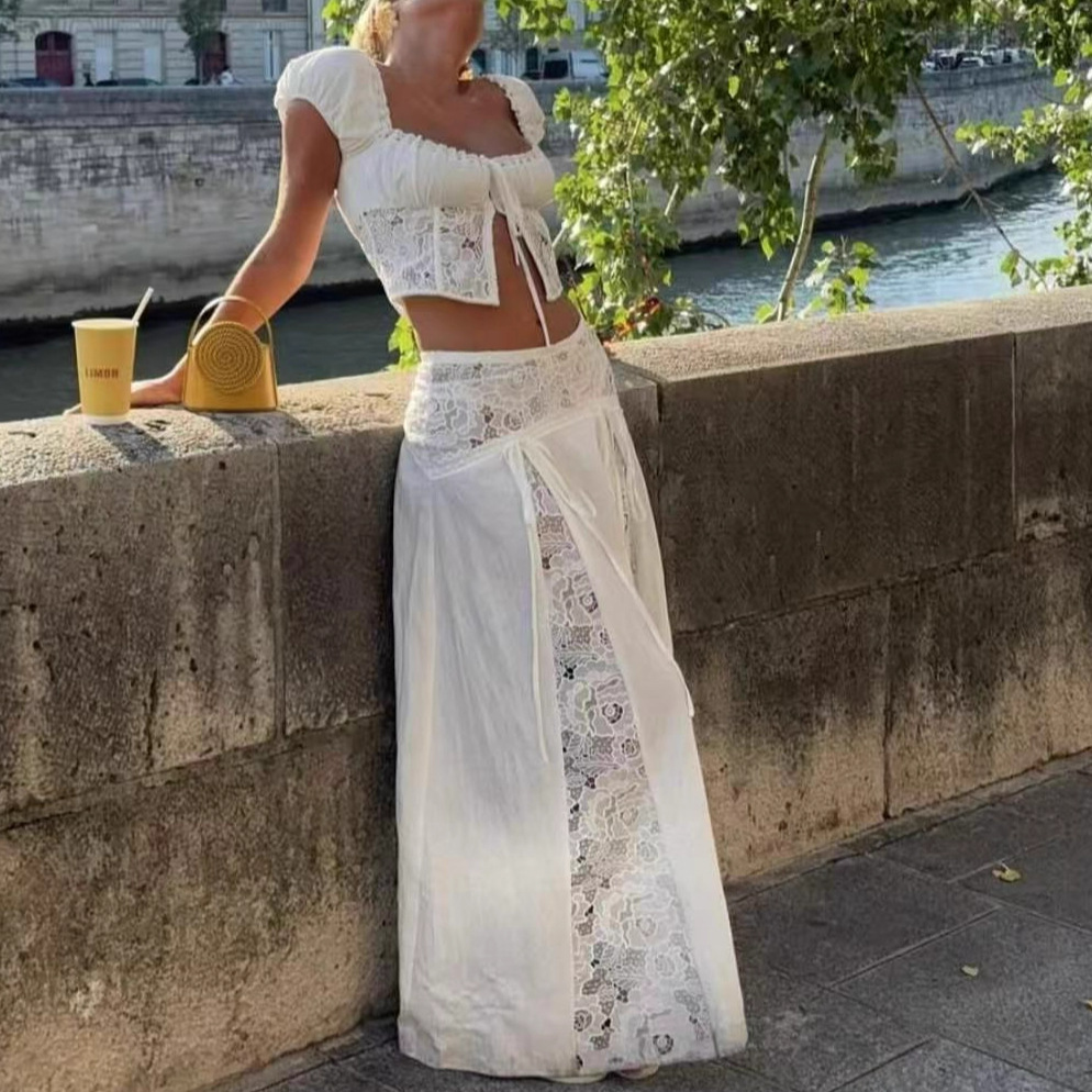 French-Style Women's Suit 2026 New Lace Patchwork Slim-Fit Short Shirt Camisole Top + High-Waisted Lace Skirt