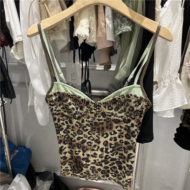 2026 Summer New Style Spicy Girl Style Fake Two-Piece Color-Blocking Slim-Fit Versatile Tank Top with Leopard Print and Sequins for Women
