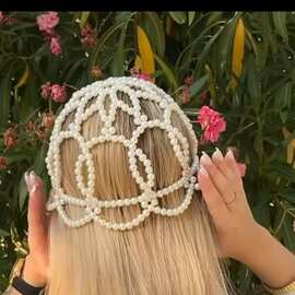 欧美风百搭串珠女生发饰 几何花朵编织仿珍珠发网 轻奢夸张气质链