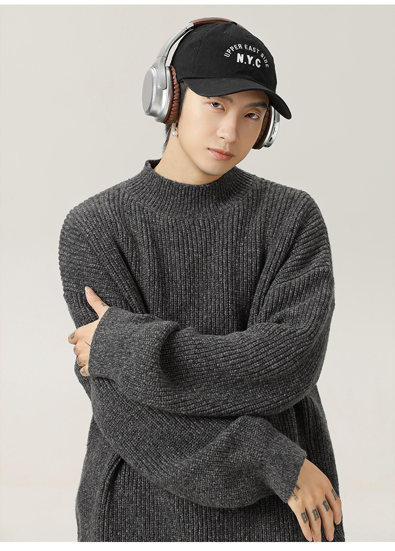 Men’s Vintage Thick Knit Half Turtleneck Sweater Texture Jacquard_voghion.com