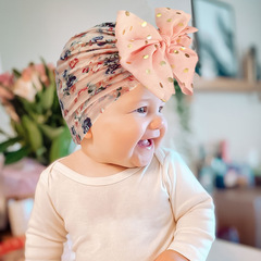 歐美應季新款印花兒童帽子 寶寶蝴蝶結包頭帽 嬰幼兒薄款女童帽