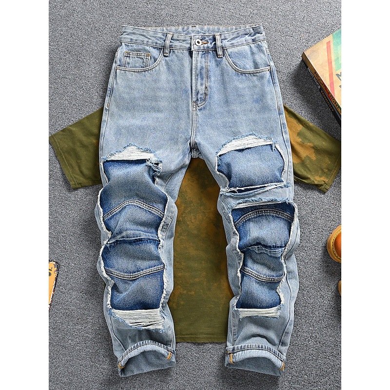 Men's Clothing Retro Distressed Patchwork Jeans For Men, Loose Straight Leg, Trendy Brand Pants._mkmklike.com