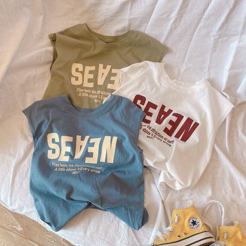 2024 Summer Fashion Korean Style Simple Sleeveless Pure Cotton Vest for Boys and Girls, Cute Letter Hooded T-Shirt for Small Children 