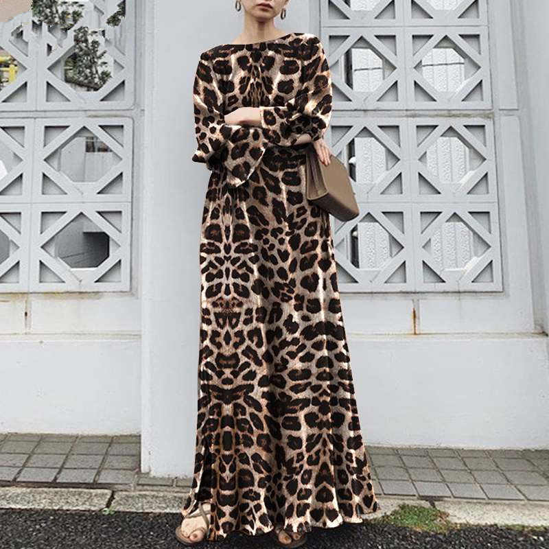 Spot 2022 new Amazon AliExpress leopard print long over-the-knee lady style long sleeve dress
