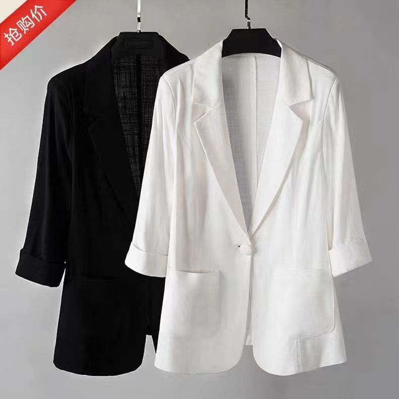Linen Small Suit Women's Jacket Thin 2024 Summer Suit Korean Style Sun Protection Clothing Casual British Style Women's White Black