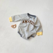 春款宝宝字母印花哈衣彩棉撞色圆领婴儿连体衣小童卫衣三角爬服