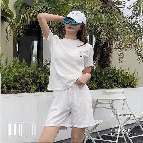  Summer New Pleated Ice Silk Embroidery Suit for Women Solid Color Casual Fashion Versatile Sports Chiba Suit for Women