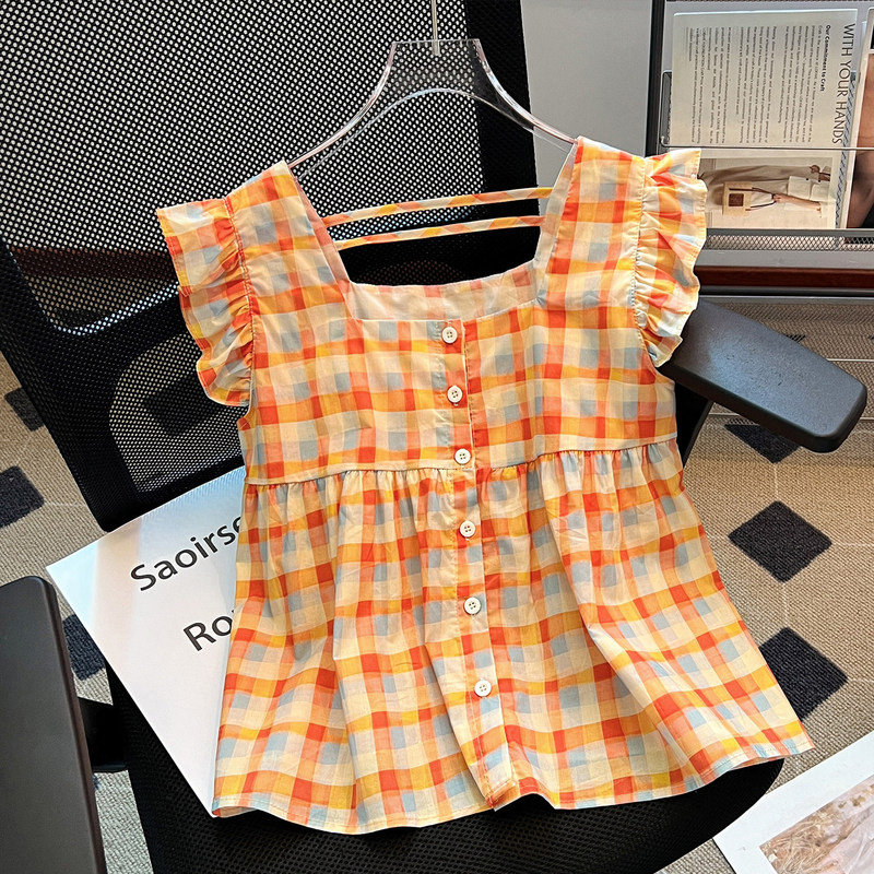 Dopamine-Colored Plaid Square-Neck Sleeveless Shirt Camisole for Women, 2026 Summer New Style Flutter-Sleeve Short Top