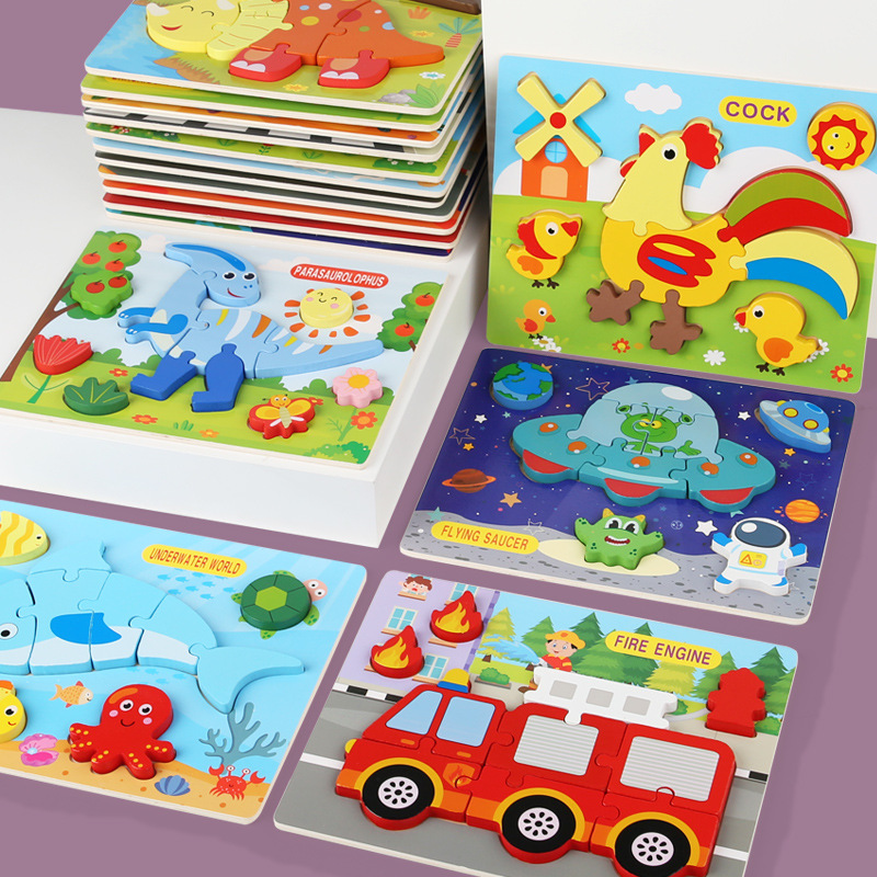 Juguetes educativos de madera de la educación temprana de los niños cognitivos dinosaurio de madera forma animal juego rompecabezas tridimensional 3D al por mayor