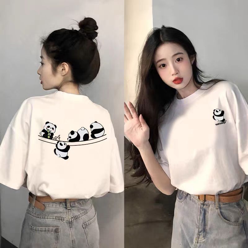 Panda Pure Cotton White Round Neck Short-Sleeved T-Shirt for Women 2025 New Hot Style Summer Loose Large Size Top T-Shirt Trendy