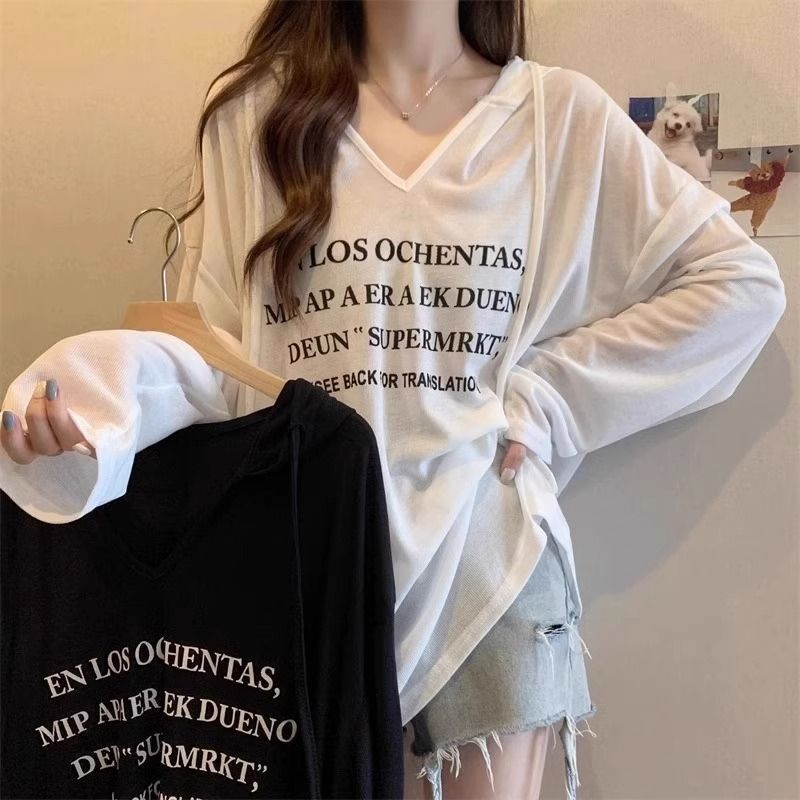 Mid-Length V-Neck Hooded Sun Protection Thin Blouse Women's Summer 2025 New Loose Long-Sleeved T-Shirt Right Shoulder Top Mid-Length V-Neck Hooded Sun Protection Thin Blouse Women's Summer 2025 New Loose Long-Sleeved T-Shirt Right Shoulder Top