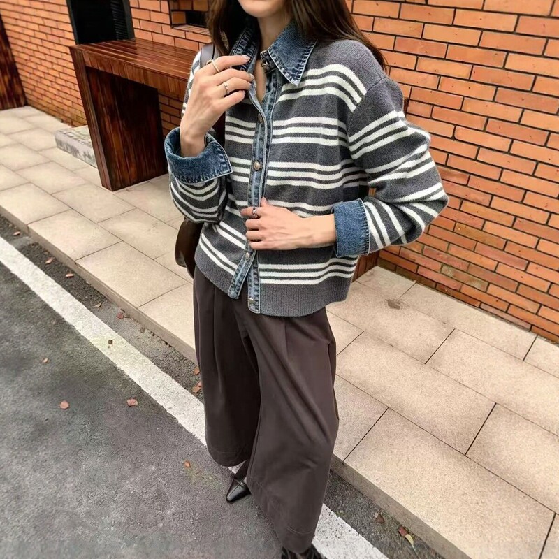 Cross-border Japanese and Korean style patchwork denim knitted striped cardigan, 2026 autumn and winter new loose casual sweater jacket for women