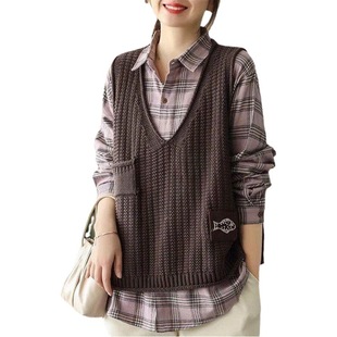 Vintage Labeling Vest Knitted Vest Women's 2022 Autumn New V-Neck Loose Casual Pullover Knitted Sweater Vest