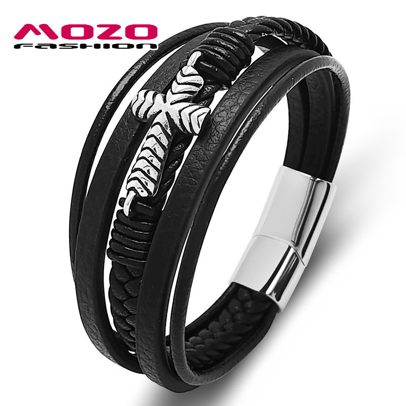 Source Factory Men's Bracelet Handmade Woven Leather Cross-Border Stainless Steel Cross Bracelet Supports Customization