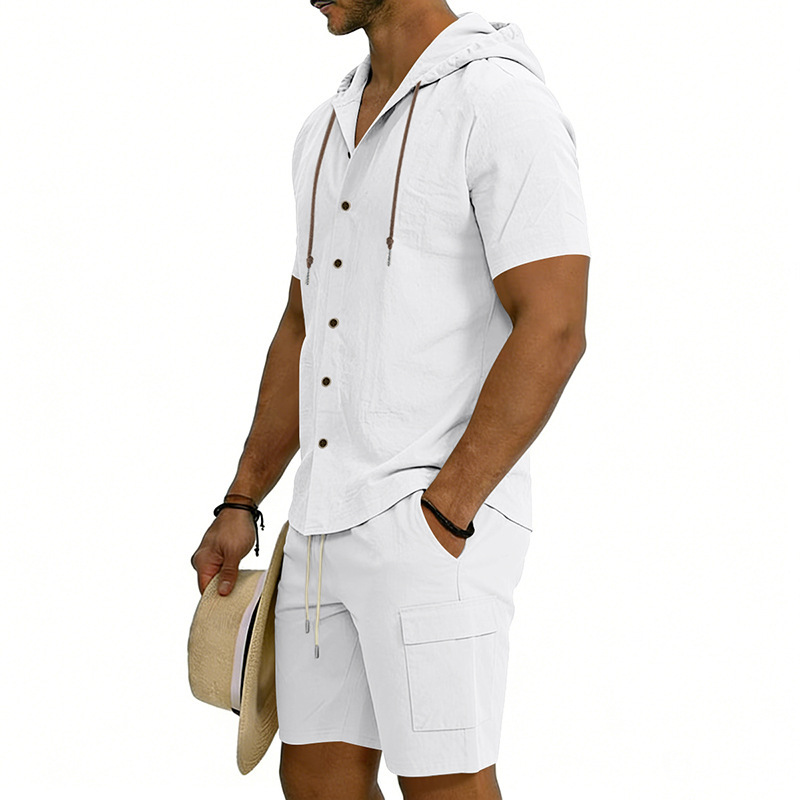 Men's Linen Hooded Short Sleeve Shirt With Workwear Shorts Set, Relaxed Fit Breathable Summer Outfit For Vacation And Casual Style_viptrois.com