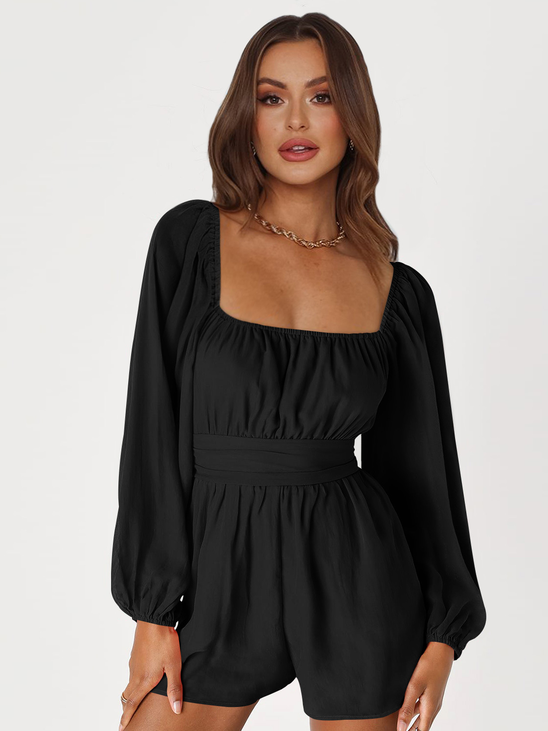 thumbnail image 1 of Spot al por mayor Moda europea y americana Ropa de verano para mujer Linterna de cuerda sin espalda Mono de manga larga Pantalones cortos cómodos e informales Nuevo estilo, 1 of 5