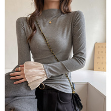 工厂灰色设计感长袖t恤女早秋季半高领天丝莱赛尔正肩打底衫上衣