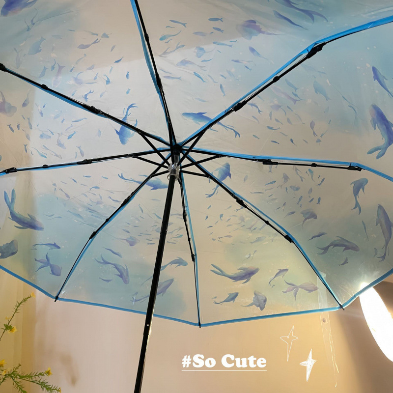 Internet Celebrity Aquarium Student Transparent Umbrella, Sturdy Wind-Resistant Printed High-Value Compact Portable Folding Transparent Umbrella for Women