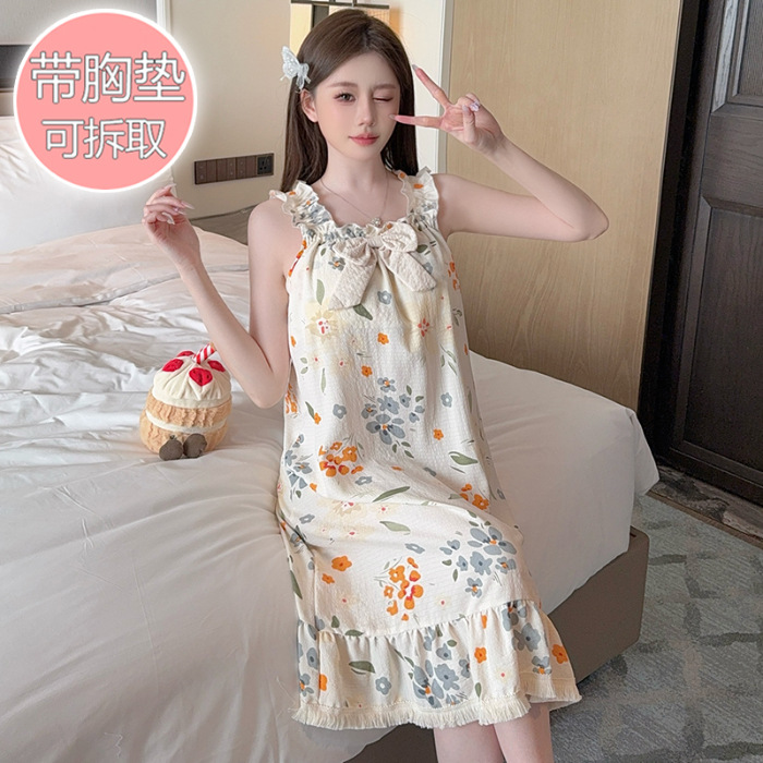 Pijama de algodón de burbujas para mujer, verano dulce, camisón de longitud media con almohadilla para el pecho, talla grande 200 kg, ropa de hogar para uso exterior