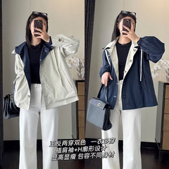 双面穿复古韩版秋季新款英伦风撞色连帽中长款女风衣廓形百搭外套
