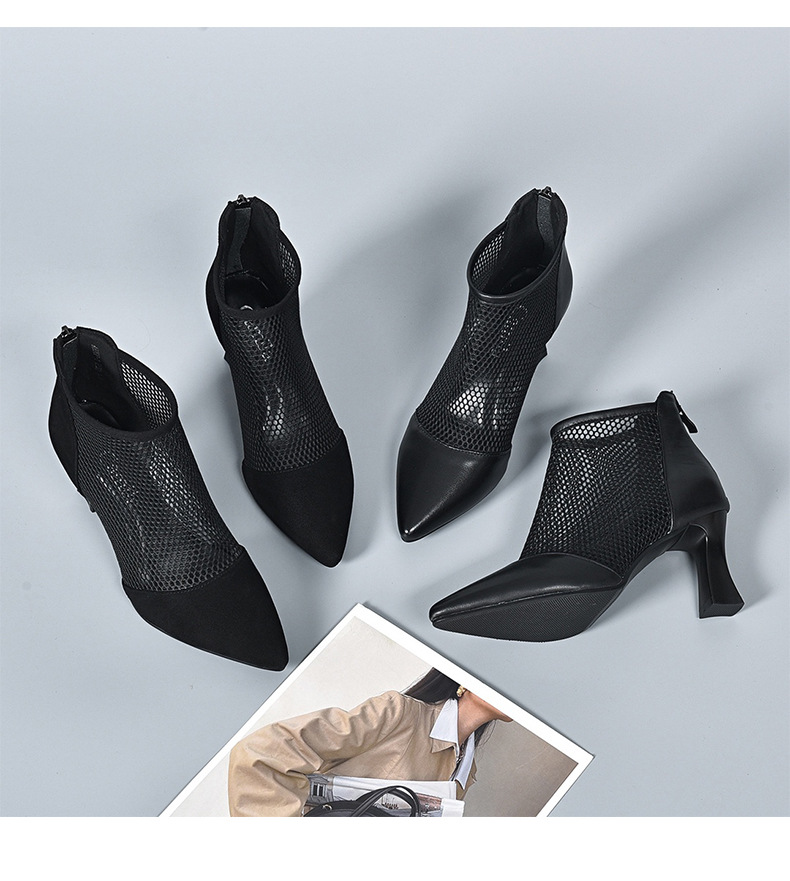 Sandal lưới khoét lỗ mũi nhọn cao gót 6,5 cm — Da cừu mờ + sợi lưới 6,5 cm Gót chi tiết 9