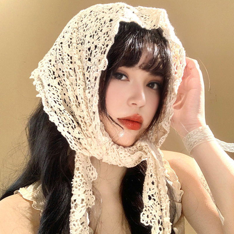 Flower Lace Headscarf for Women Spring and Summer French High-End Cut Out Triangle Scarf Head Scarf Hair Tie 188