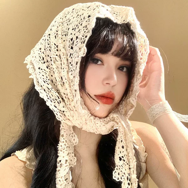 Flower Lace Headscarf for Women Spring and Summer French High-End Cut Out Triangle Scarf Head Scarf Hair Tie 188