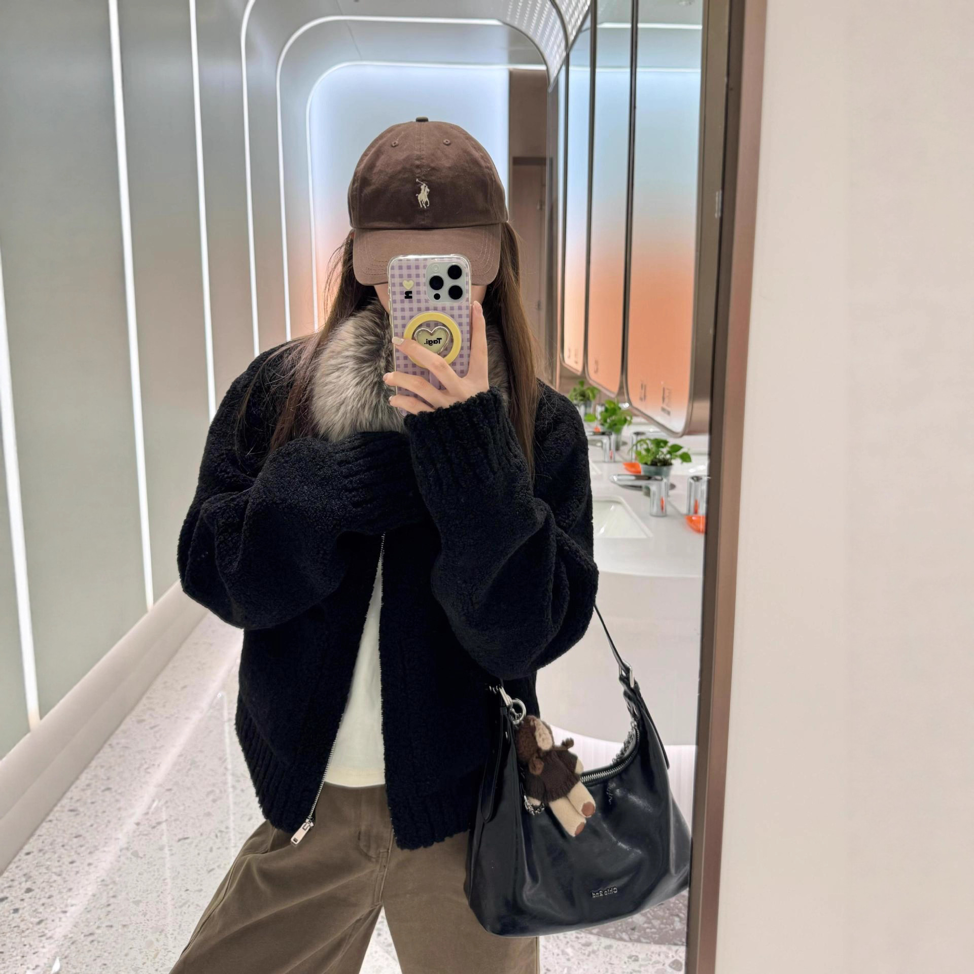 CEEYOU定染毛领小颗粒羊羔毛外套女新款皮毛一体加厚黑色环保皮草