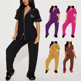 European and American Cross-Border Pajamas for Women Spring and Summer Short-Sleeved Trousers Home Clothes Two-Piece Set for Women Foreign Trade Amazon Independent Station