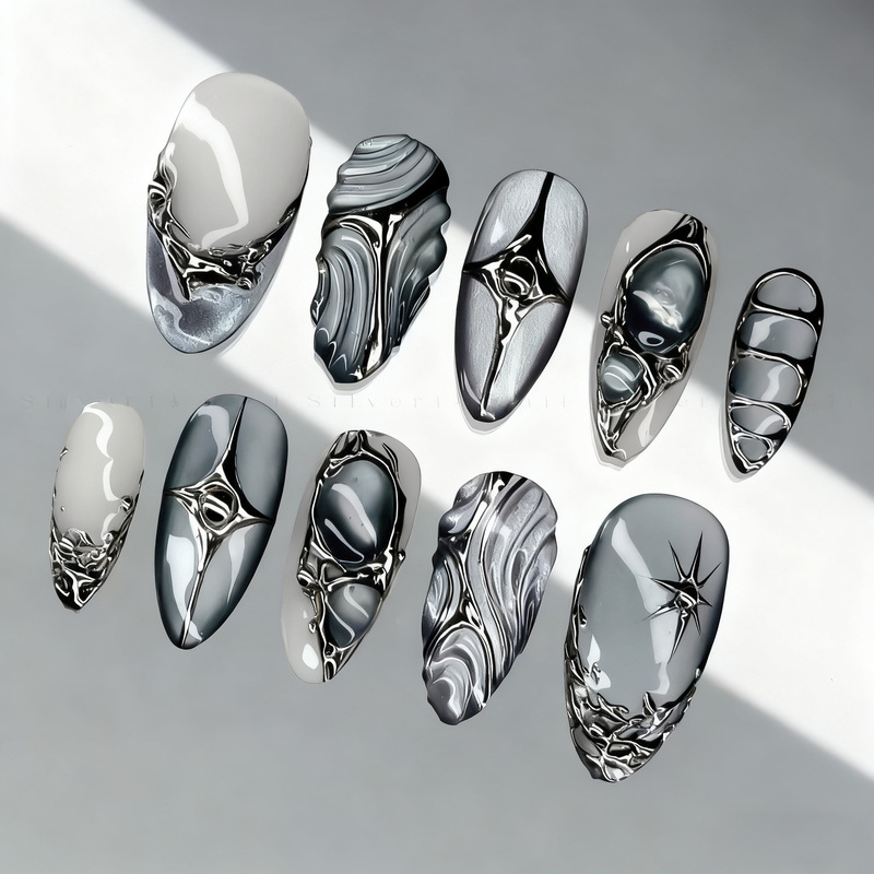 30 Pieces of Cross-Border Three-Dimensional Popular Epoxy Almond Wearable Nails Dark Gray Embossed Metal Star Handmade Diamond Nail Art Nails 30 Pieces of Cross-Border Three-Dimensional Popular Epoxy Almond Wearable Nails Dark Gray Embossed Metal Star Handmade Diamond Nail Art Nails