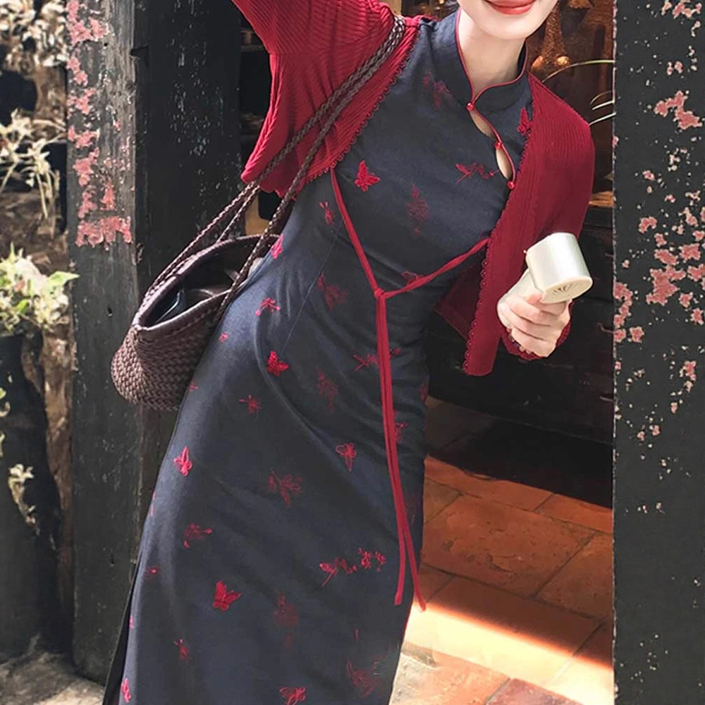 Sujin New Chinese Butterfly Print Modified Qipao For Women, Playful And Cute, Early Autumn National Style Stand Collar_ecoleips.com