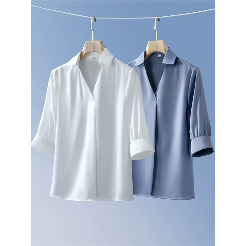 Бесплатная доставка высокого класса синяя рубашка со средним рукавом женская летняя тонкая 2024 новая профессиональная одежда темперамент пригородной уксусной атласной