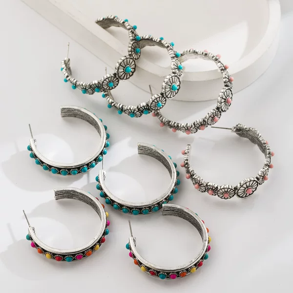 New Western Ethnic Style Large C-Shaped Exaggerated Earrings Alloy Inlaid with White Turquoise Niche High-End Earrings