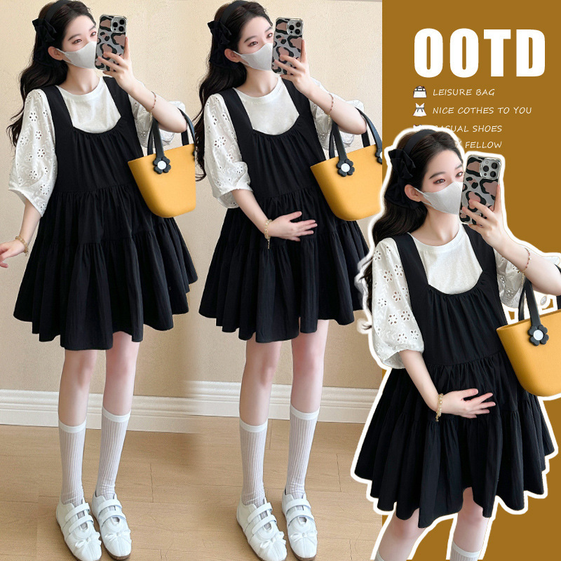 Maternity Wear Summer New Style Short-Sleeved Cut-Out T-Shirt Reversible Suspender Babydoll Skirt Korean Style Sweet and Slimming Two-Piece Set