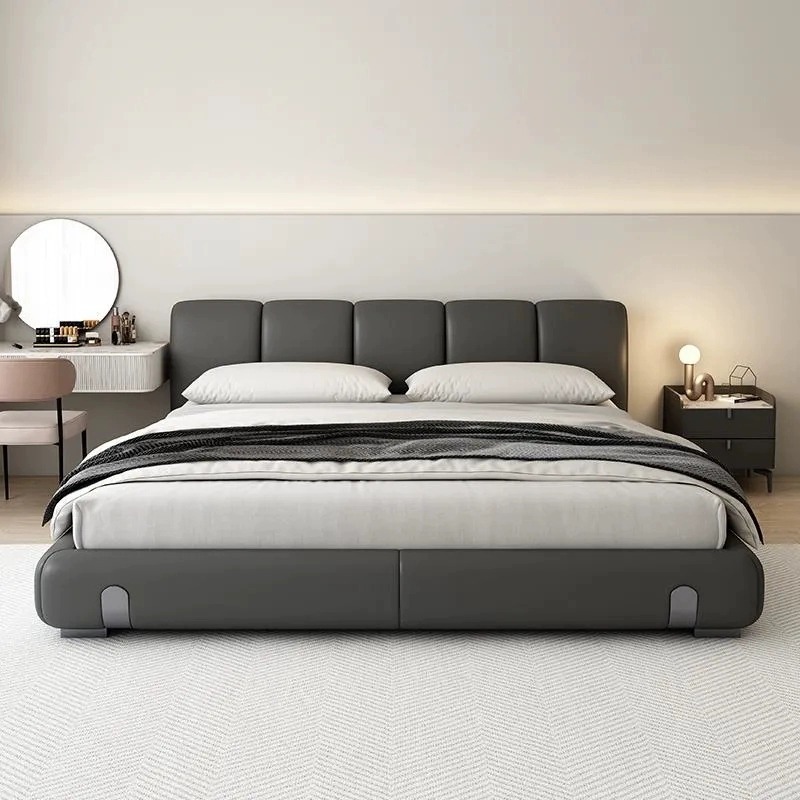 Camas de cuero minimalistas italianas, camas de duna de cuero de vaca modernas, diseñadores de dormitorios principales, 1.8 camas matrimoniales, camas dobles
