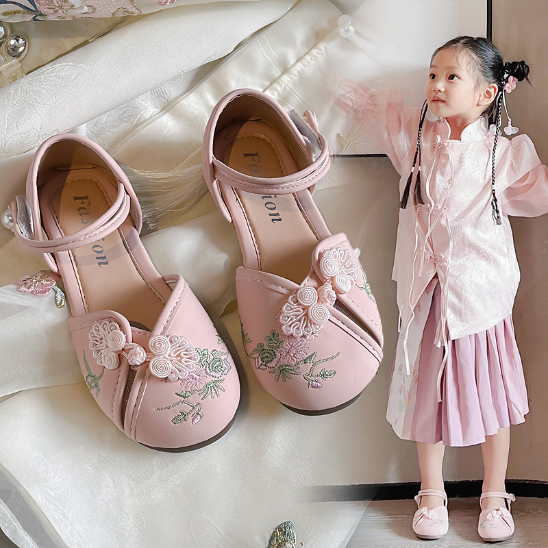 Sandalias para niñas Zapatos Hanfu para niños bordados de estilo chino 2025 verano nuevo estilo Baotou niña zapatos de cuero de princesa de estilo antiguo