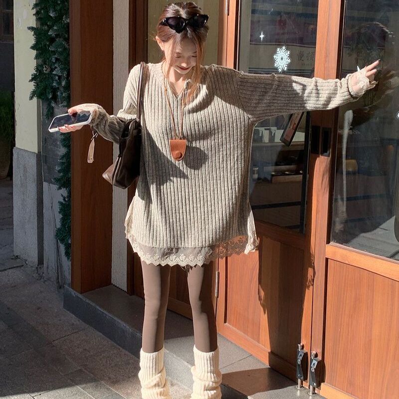 大码设计感蕾丝拼接vV领针织衫女秋冬季宽松显瘦磨毛加厚保暖毛衣|undefined