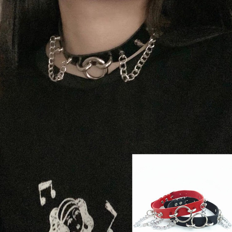 Cross-Border European and American New Punk Exaggerated Studded Large O-Ring Chain Pu Leather Choker Necklace Jewelry