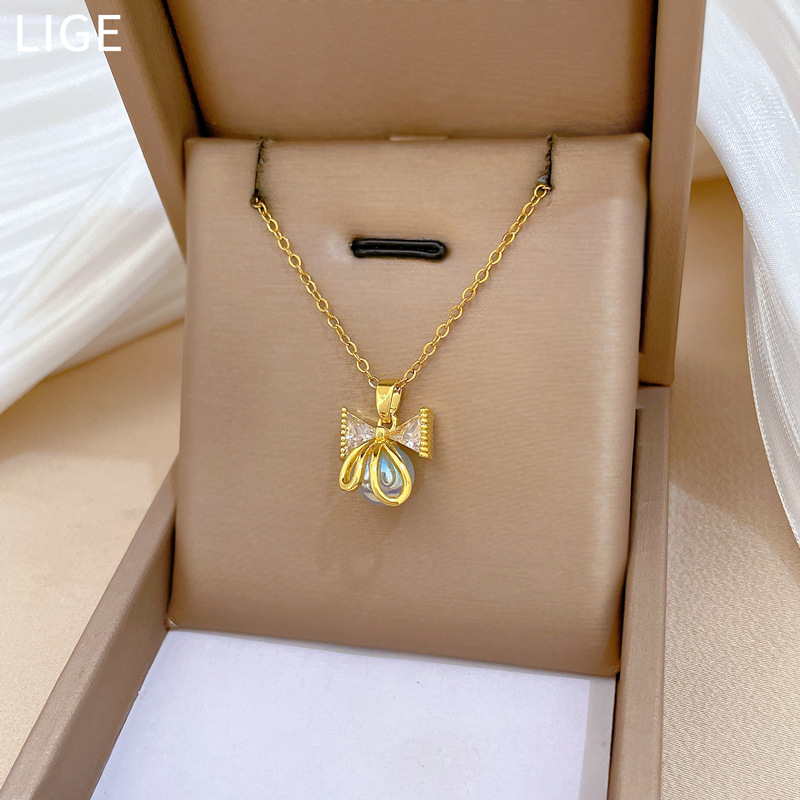 Edle Perlen Schleifen Halskette Diamant Titanium Stahl Kette_voghion.com