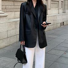 加厚中长款PU皮衣西装外套女2025春秋新款宽松气质感复古风衣