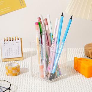 Plastic acrylic square stationery storage container transparent round pen container pen supplies student culture business creativity