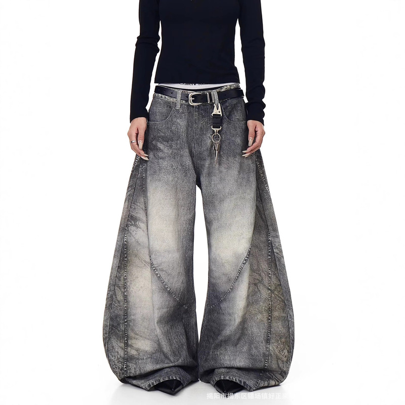 Source Manufacturer American Sickle Banana Splash Ink Jeans Women's Silhouette Smoky Gray Retro Straight Wide-Leg Scimitar Pants