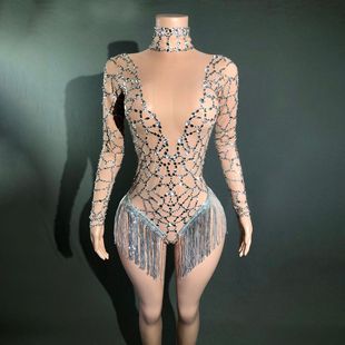 Europe and the United States cross-border spider web bright diamond perspective tight jumpsuit nightclub club performance clothes sexy