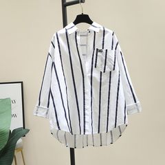 2025春秋新款韩版棉小清新百搭开衫条纹印花单口袋宽松长袖衬衫女