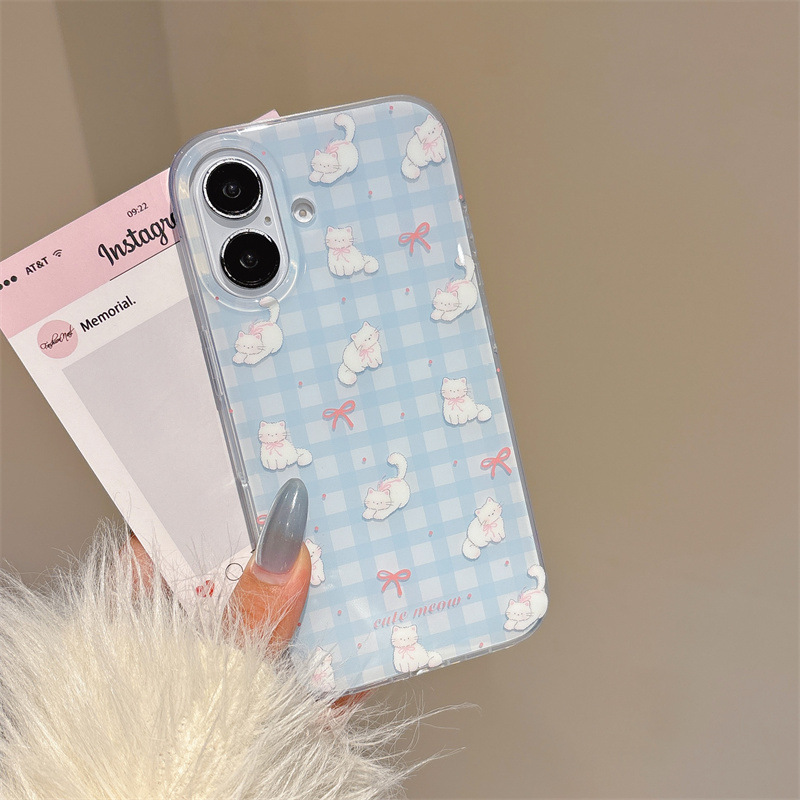 Pequeño gato con lazo a cuadros azul fresco para iphone16ProMax Apple 15 funda para teléfono móvil 14 femenino 13 nuevo